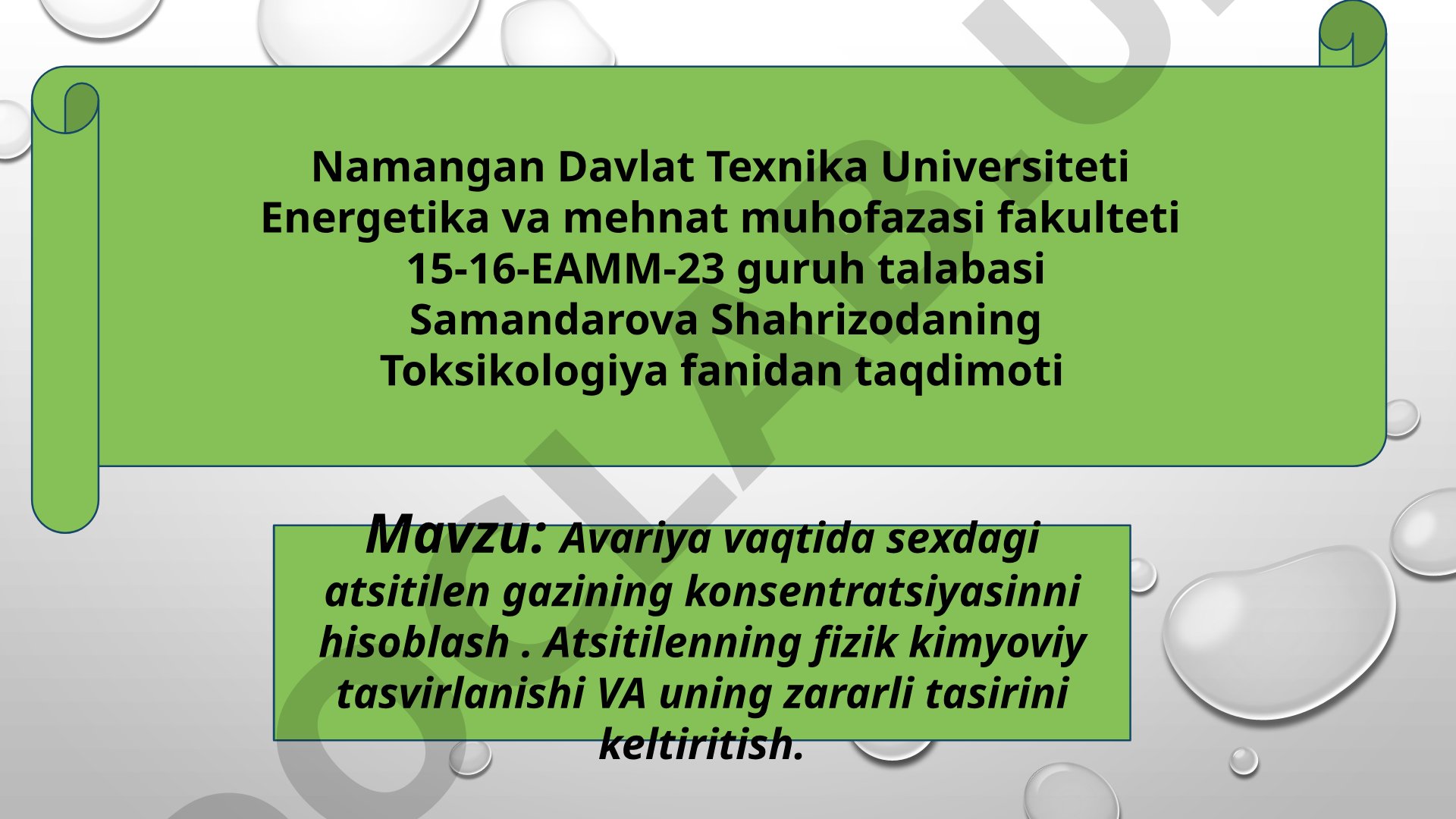 Avariya vaqtida sexdagi atsitilen gazining konsentratsiyasinni hisoblash
