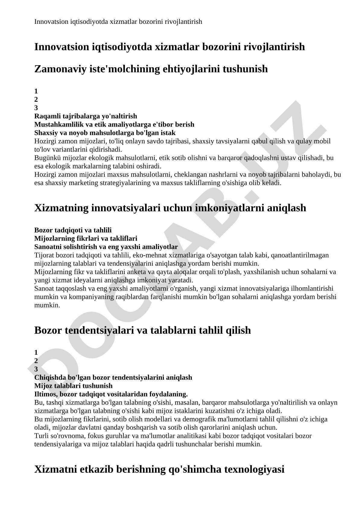 Innovatsion iqtisodiyotda xizmatlar bozorini rivojlantirish