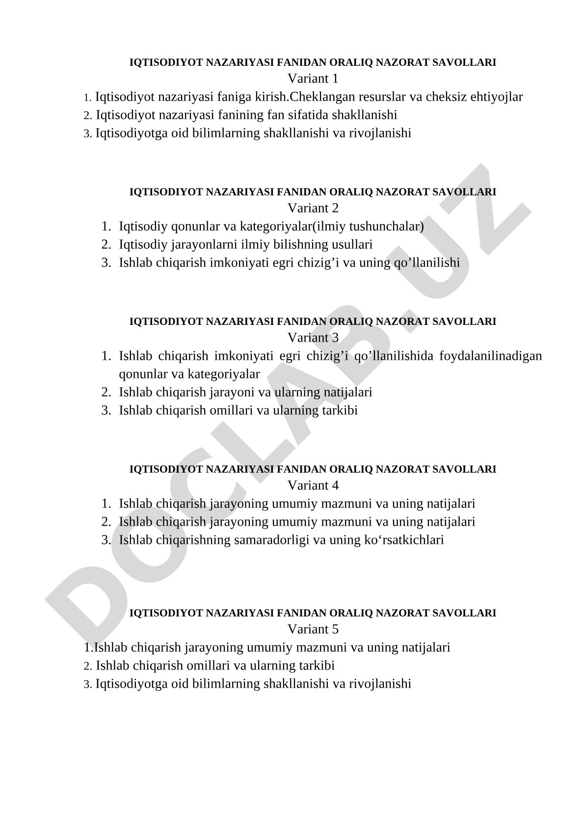 Iqtisodiyot nazariyasi fanidan oraliq nazorat savollari