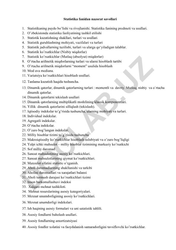 Statistika fanidan nazorat savollari