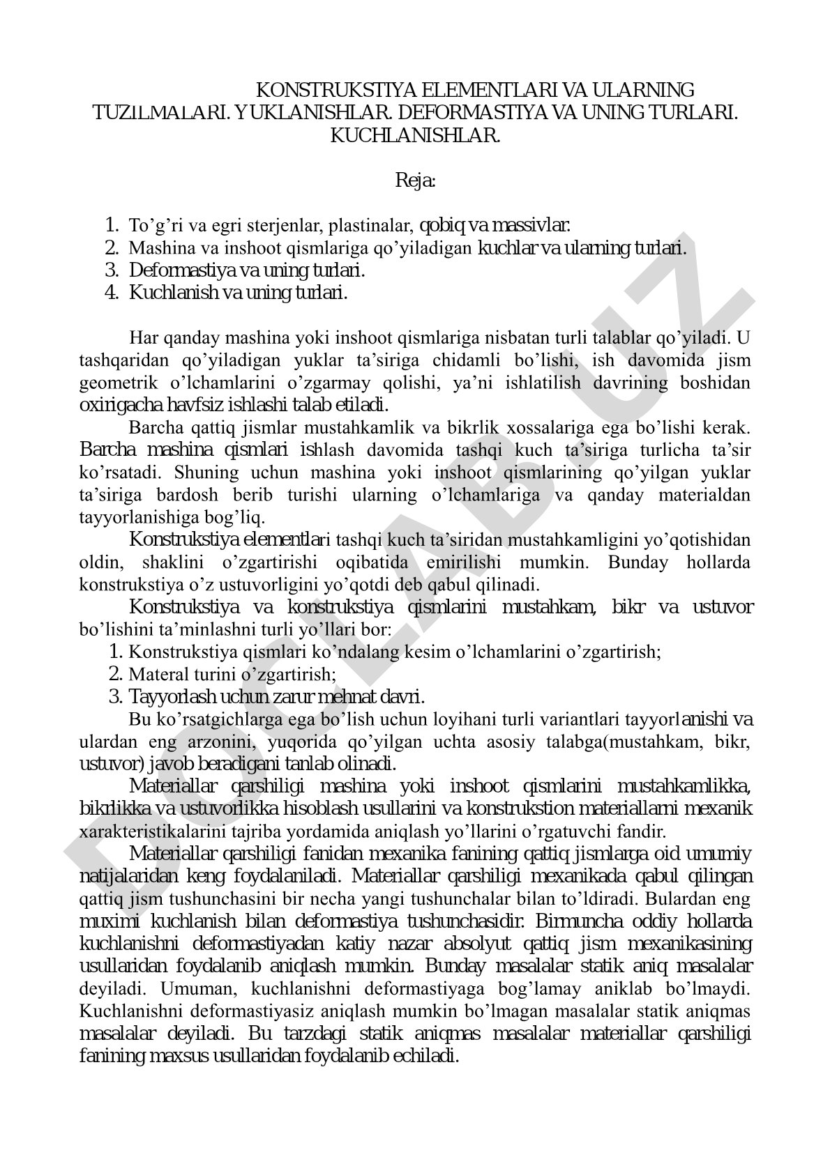 Konstrukstiya elementlari va ularning tuzilmalari, yuklanishlar, deformastiya va kuchlanishlar