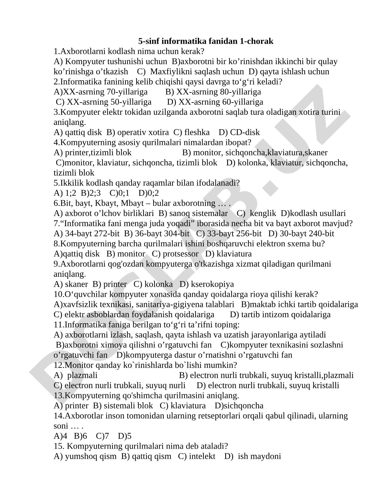 5-sinf informatika fanidan 1-chorak