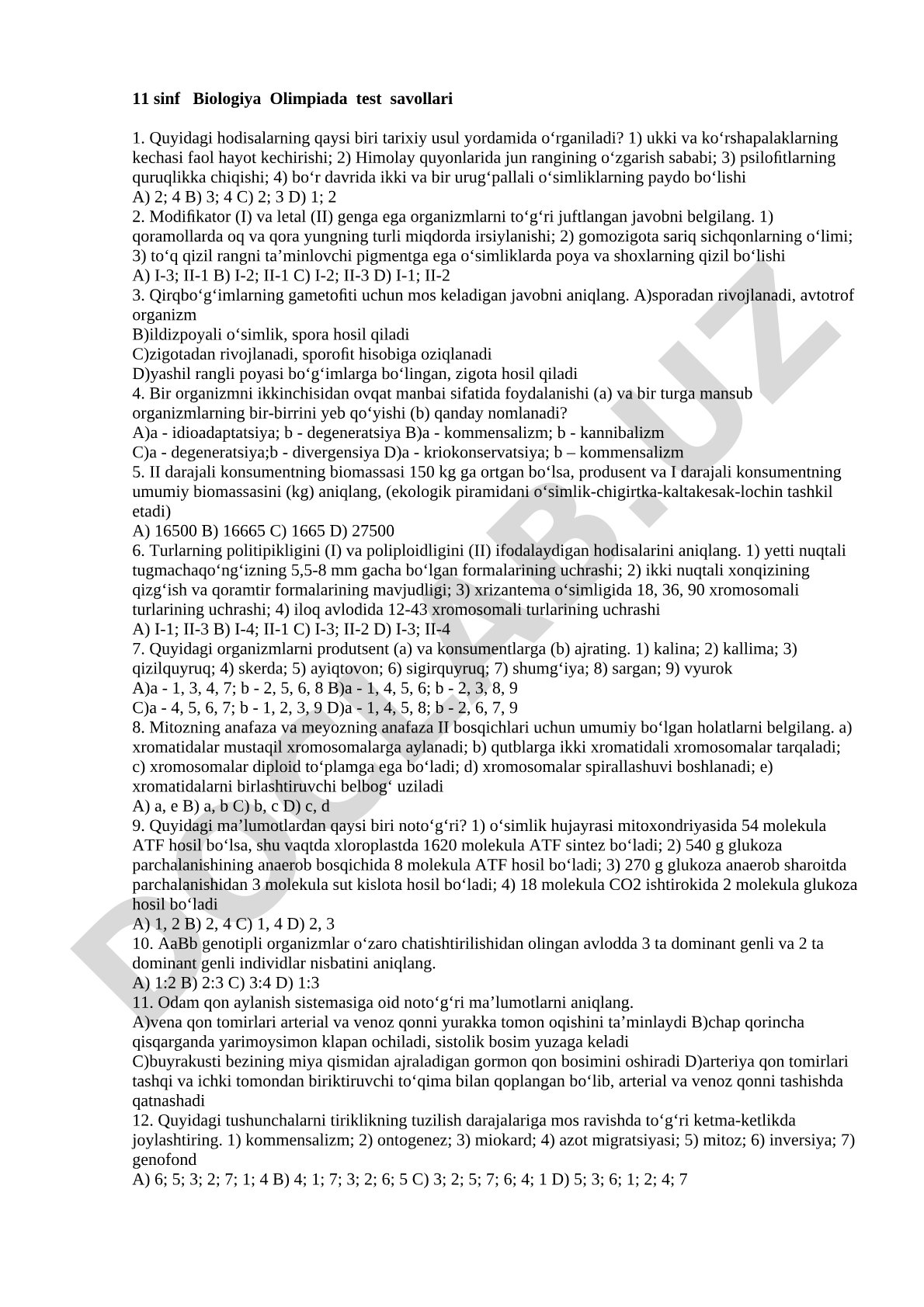 11-sinf Biologiya Olimpiada test savollari