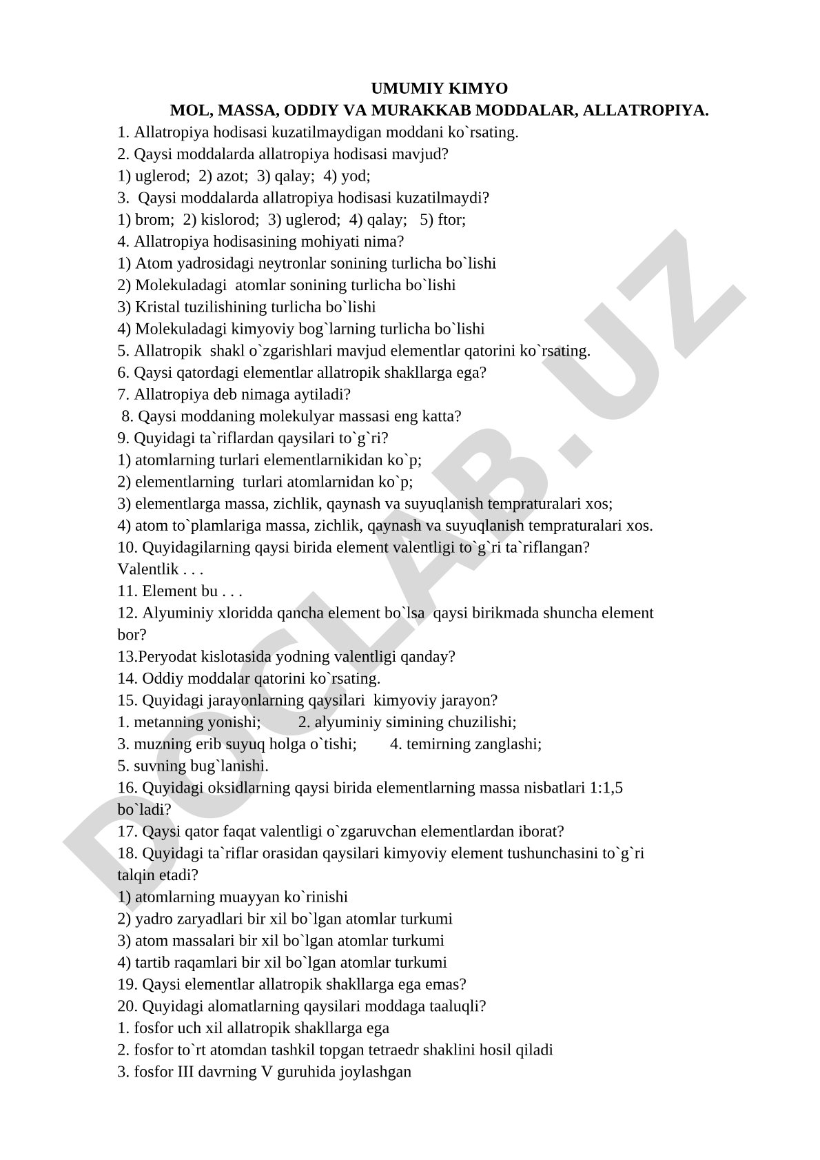 Umumiy kimyo: mol, massa, oddiy va murakkab moddalar, allatropiya