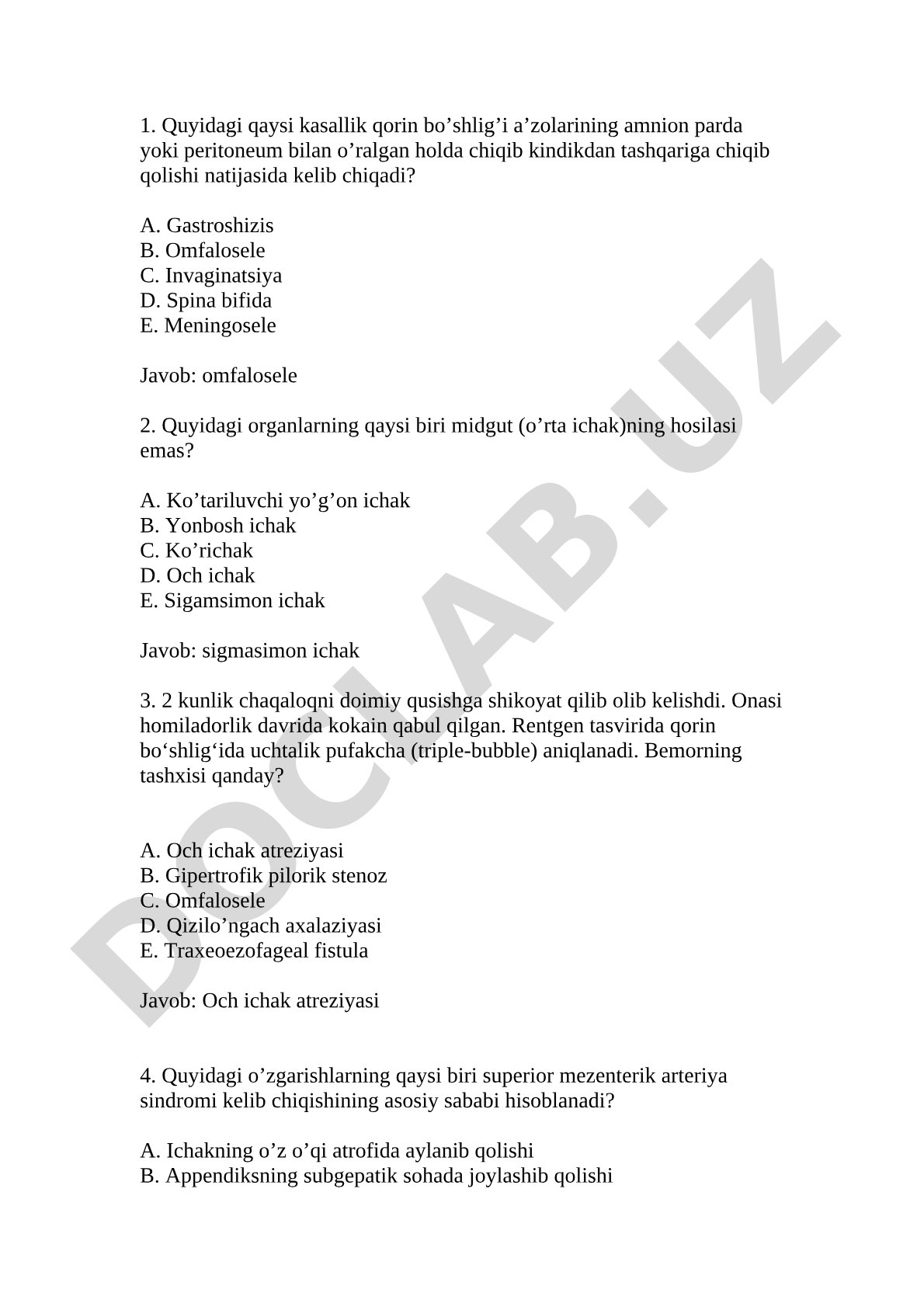 Qorin bo'shlig'i a'zolari tug'ma nuqsonlari bo'yicha test savollari