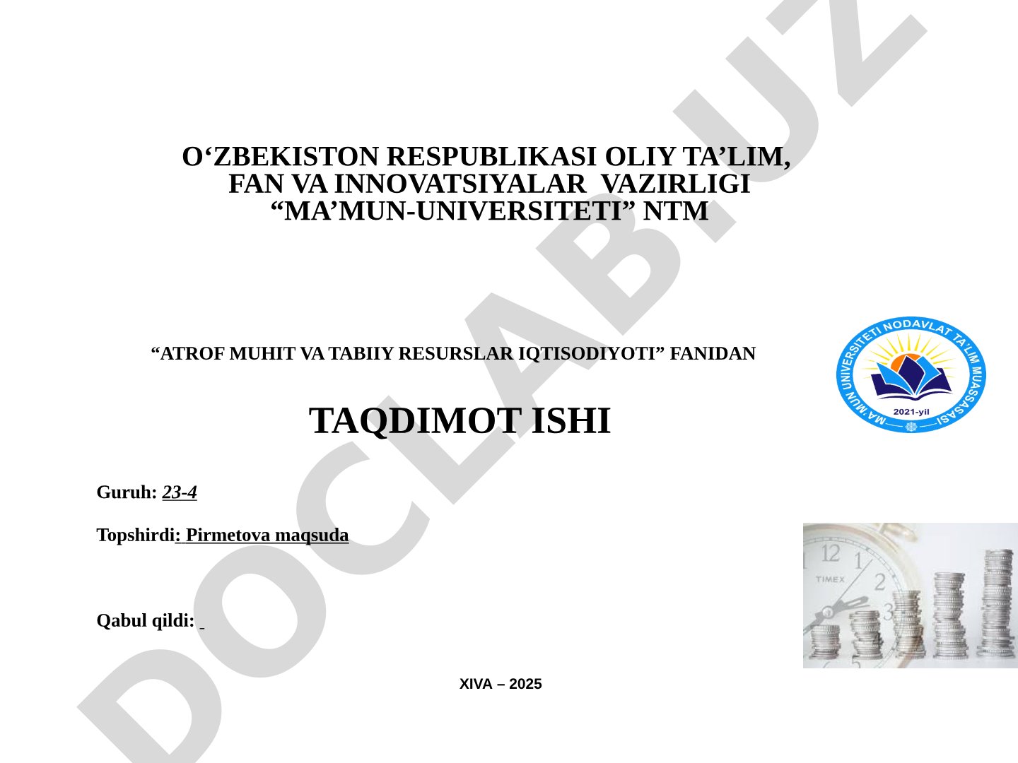 Atrof muhit va tabiiy resurslar iqtisodiyoti fanidan taqdimot ishi
