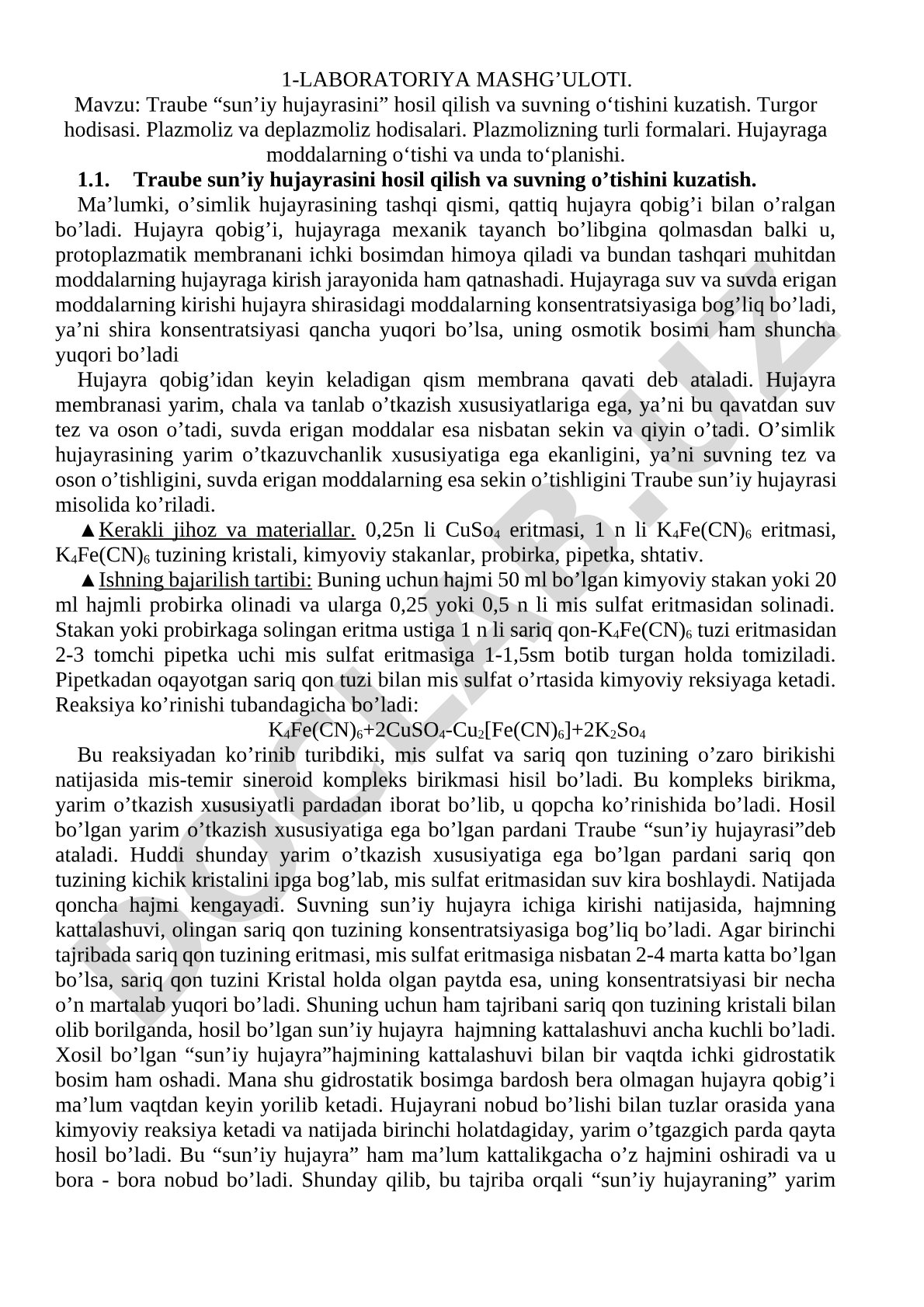 Traube sun'iy hujayrasini hosil qilish va suvning o'tishini kuzatish