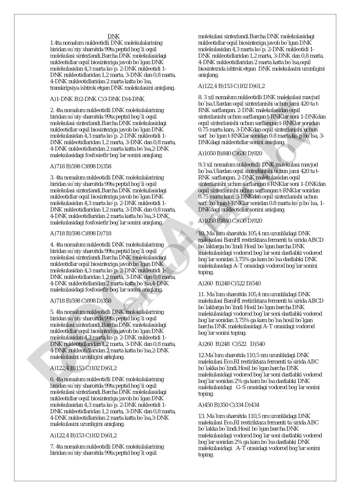 DNK nukleotidlari va oqsil biosintezi masalalari
