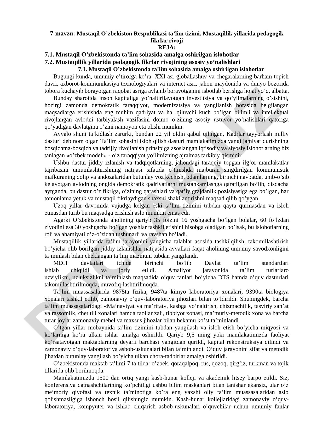 Mustaqil O’zbekiston Respublikasi ta’lim tizimi