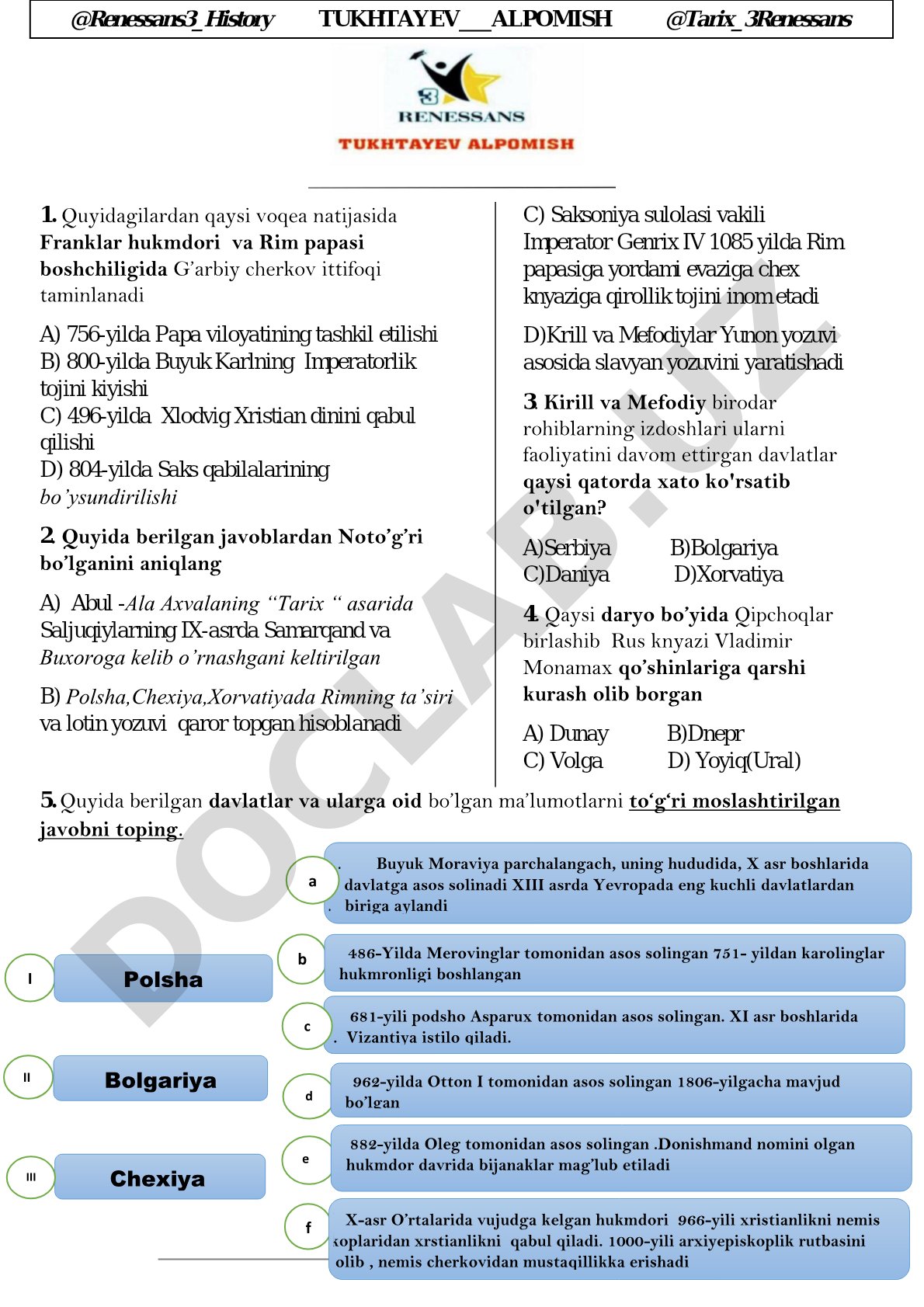 O'rta asrlar tarixiga oid test savollari