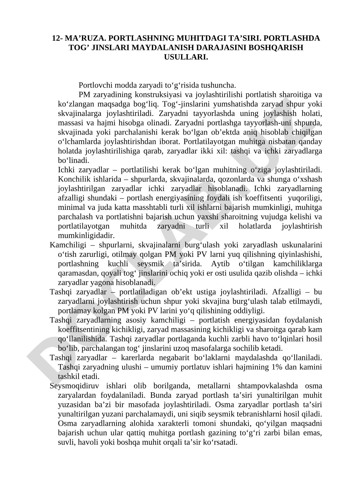 Portlashning muhitdagi ta’siri. Portlashda tog’ jinslari maydalanish darajasini boshqarish usullari.