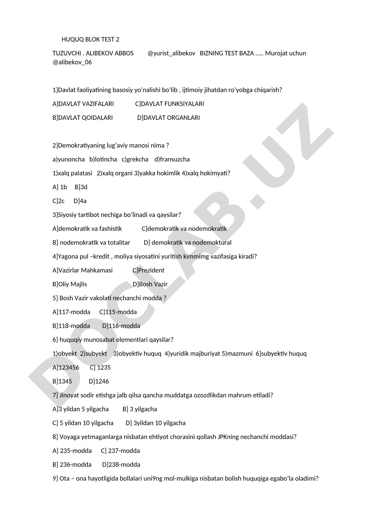 Huquq blok test 2
