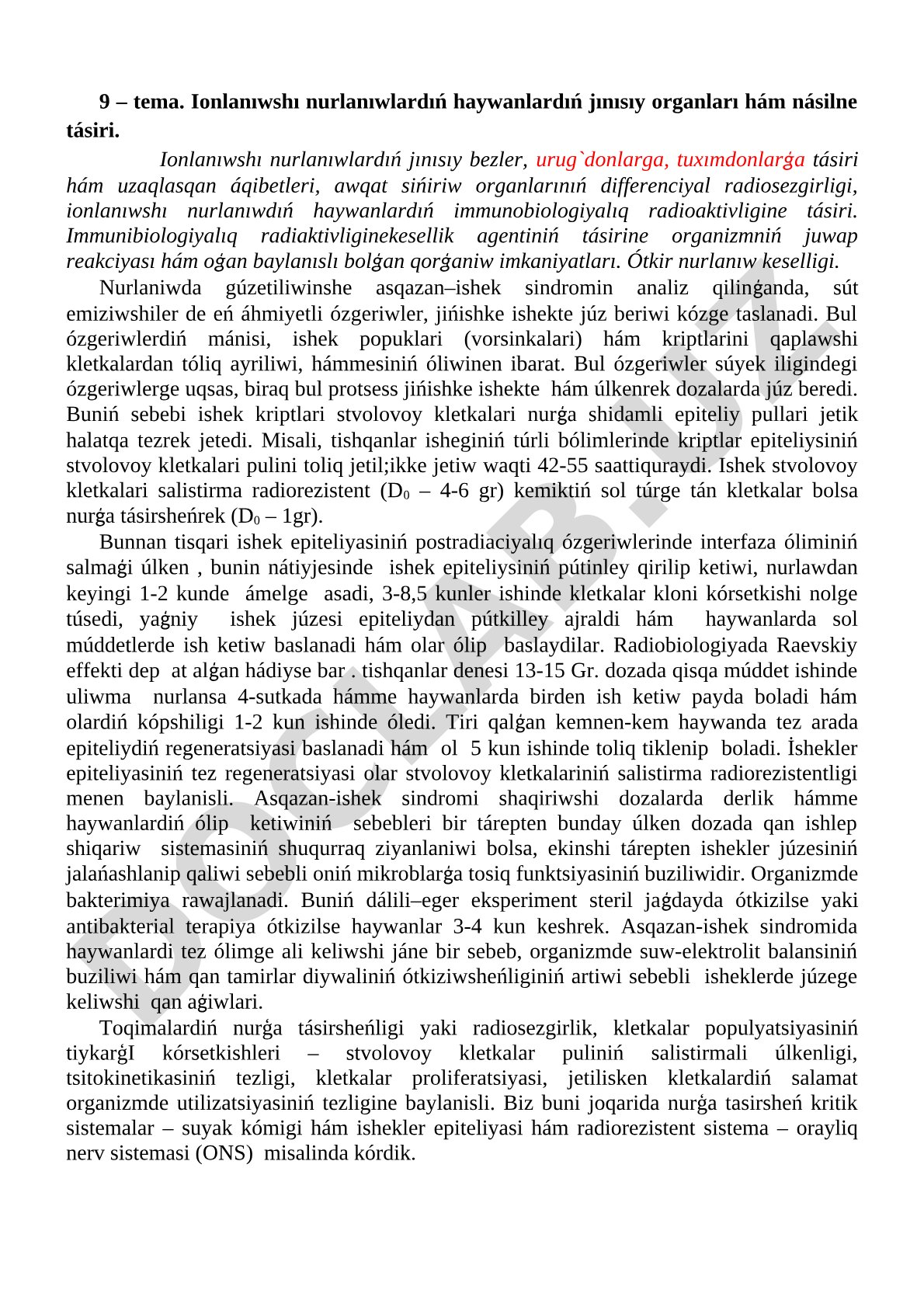 Ionlanıwshı nurlanıwlardıń haywanlardıń jınısıy organları hám násilne tásiri