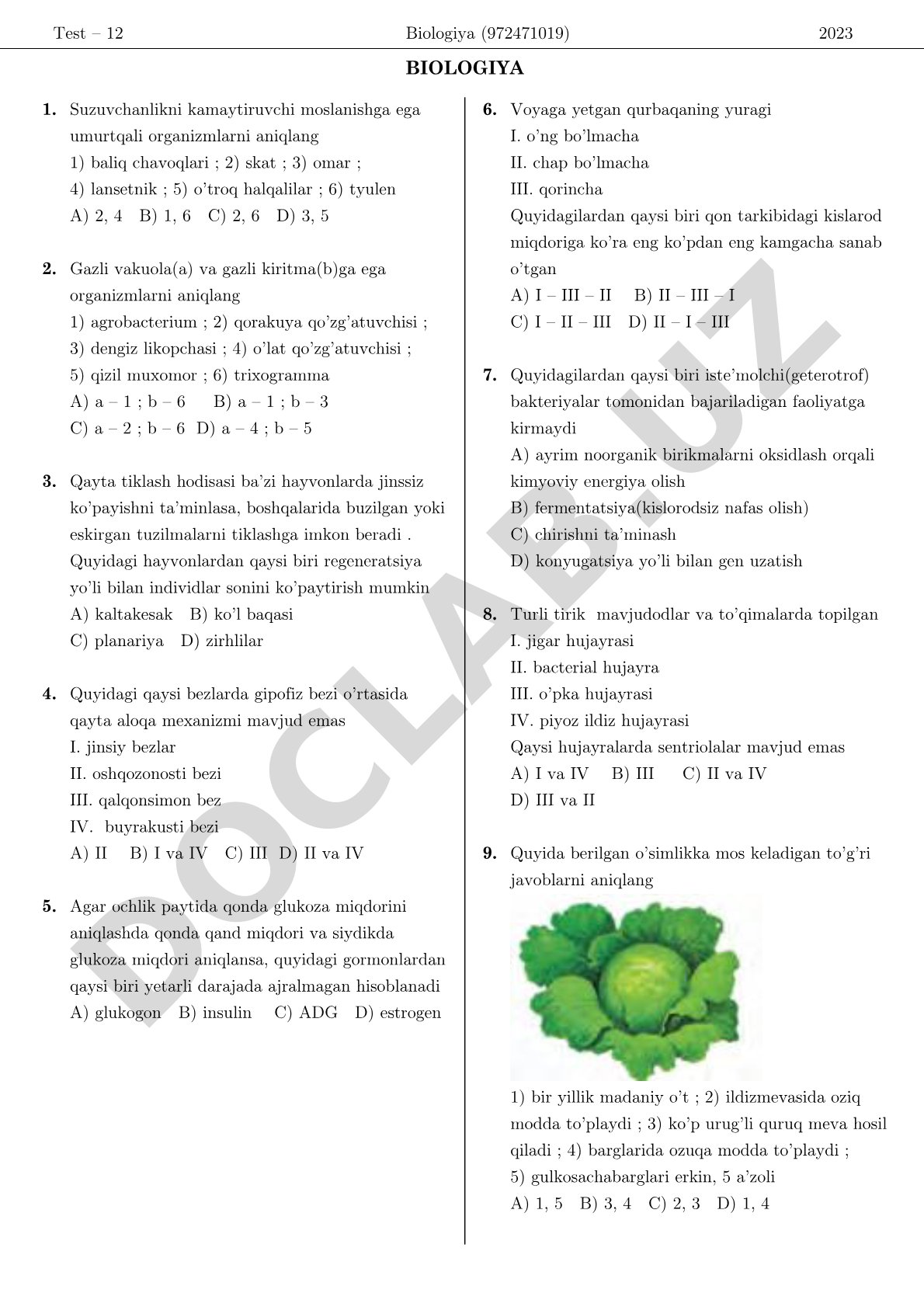 Test – 12 Biologiya