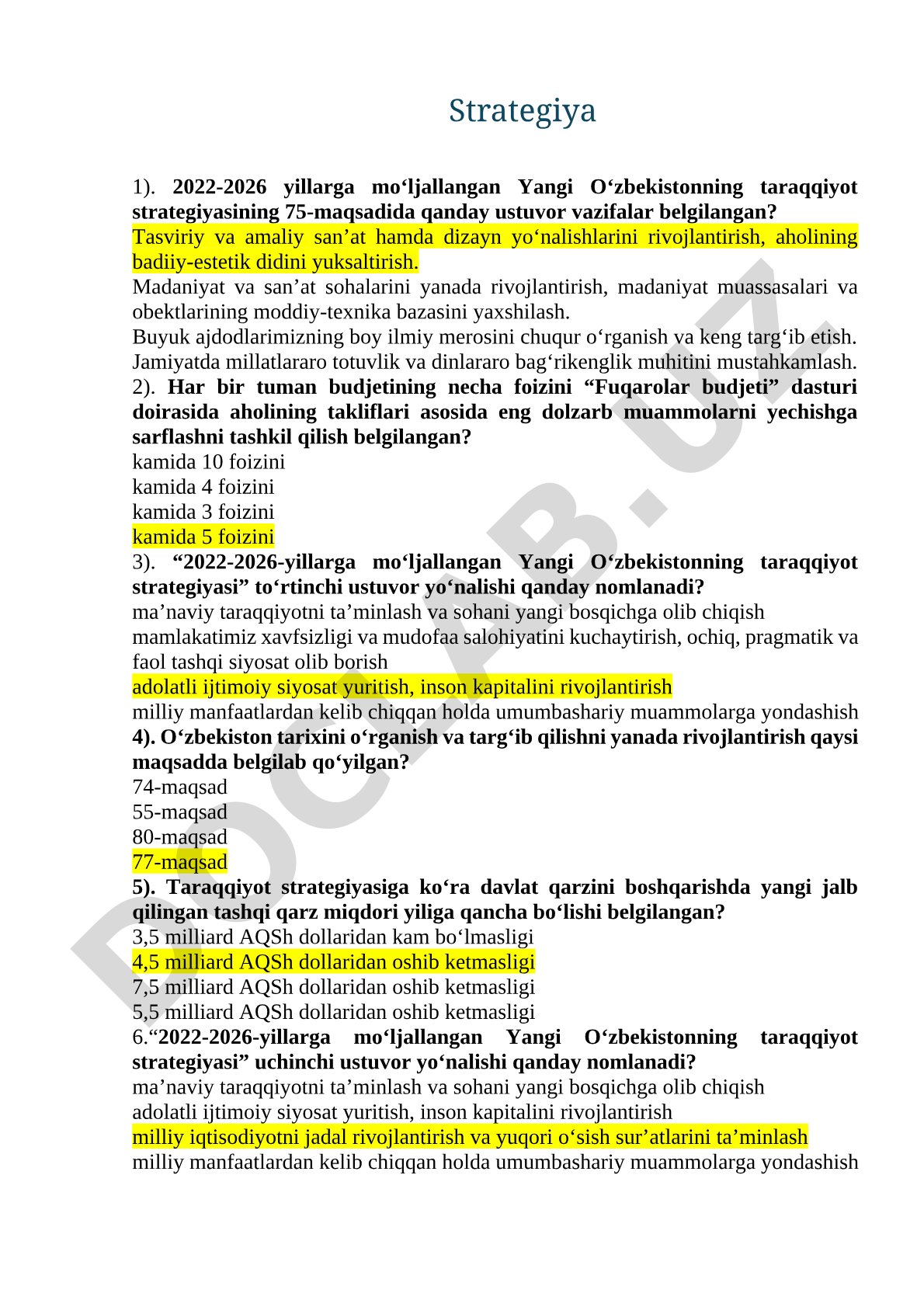 Yangi O'zbekiston taraqqiyot strategiyasi 2022-2026 savollari