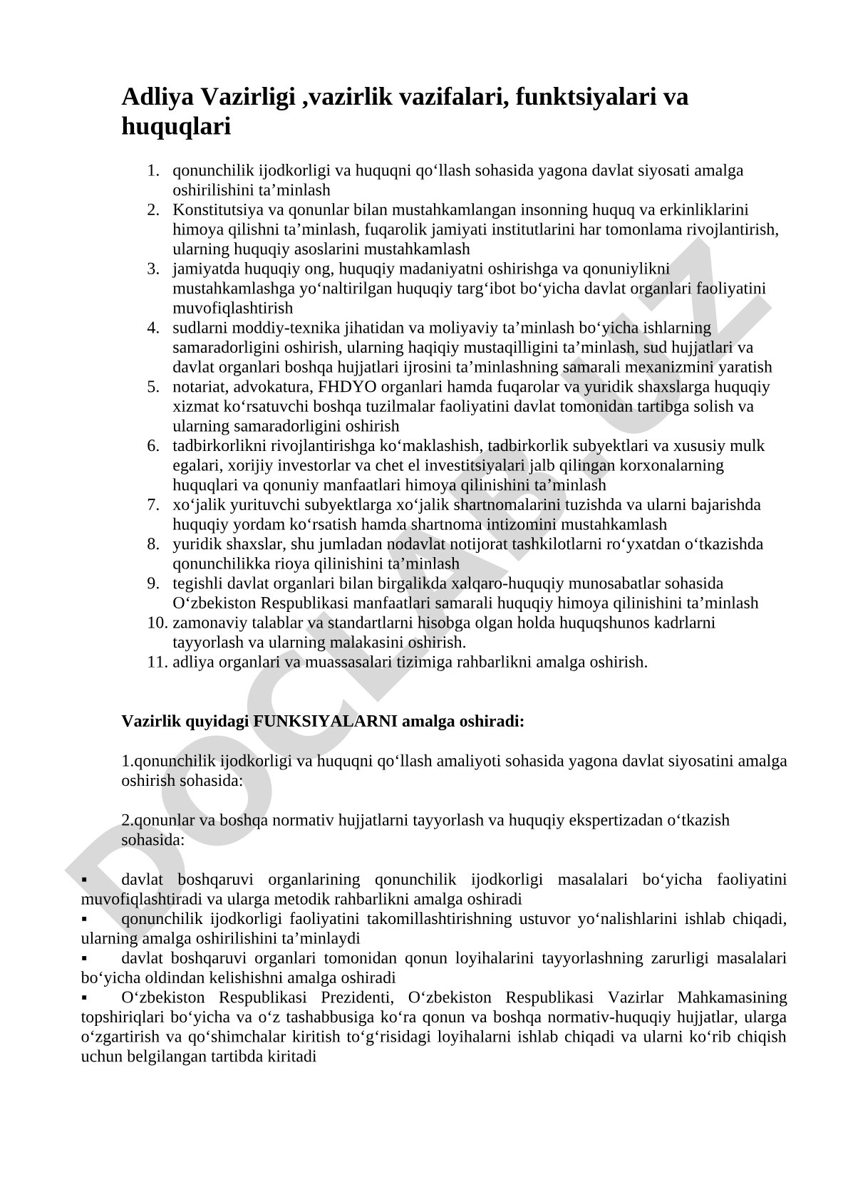 Adliya vazirligi vazifalari va funksiyalari