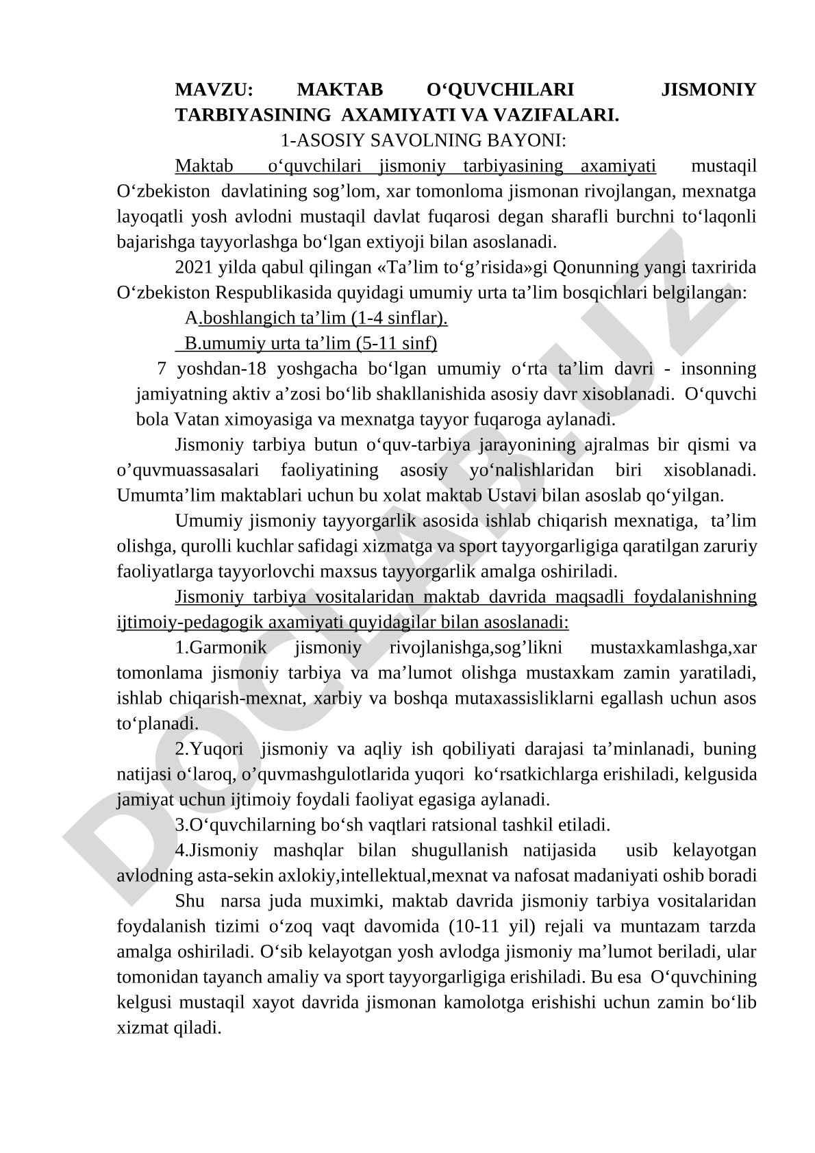 Maktab o‘quvchilari jismoniy tarbiyasining axamiyati va vazifalari