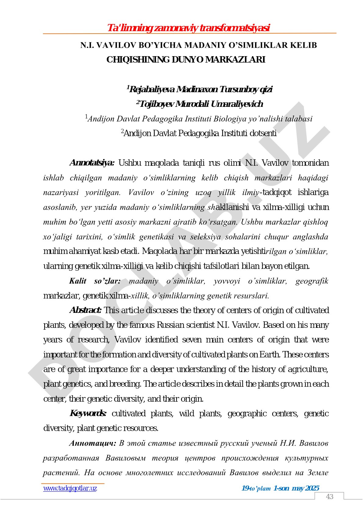 N.I. VAVILOV BO’YICHA MADANIY O’SIMLIKLAR KELIB CHIQISHINING DUNYO MARKAZLARI