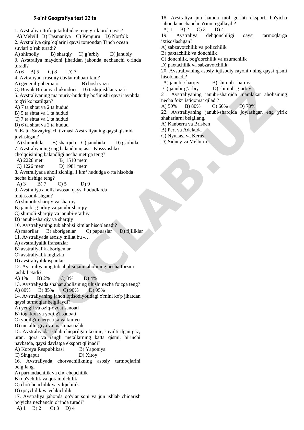 9-sinf Geografiya testi (22 savol)