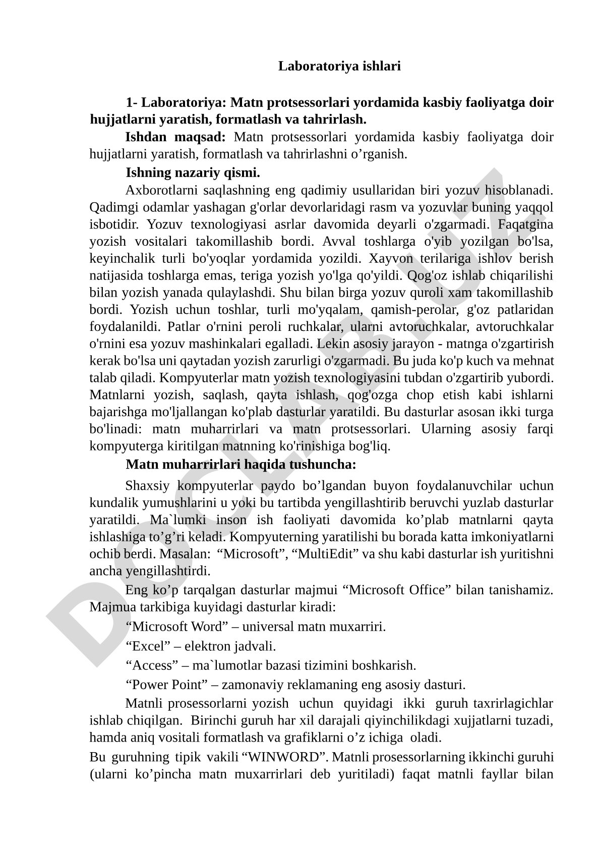 Matn protsessorlarida kasbiy faoliyatga doir matnlarni yaratish, formatlash va tahrirlash