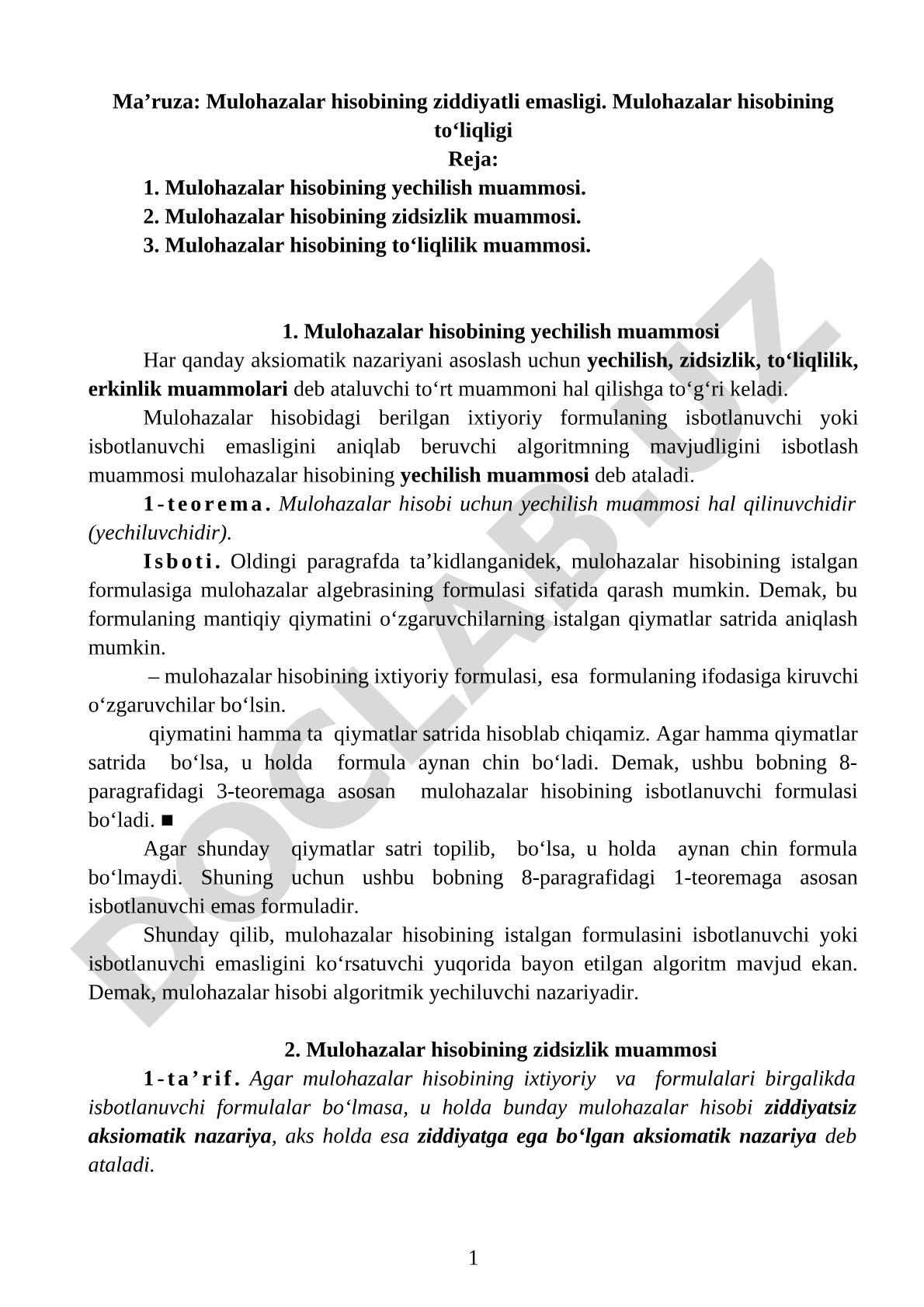 Mulohazalar hisobining ziddiyatli emasligi va to'liqligi