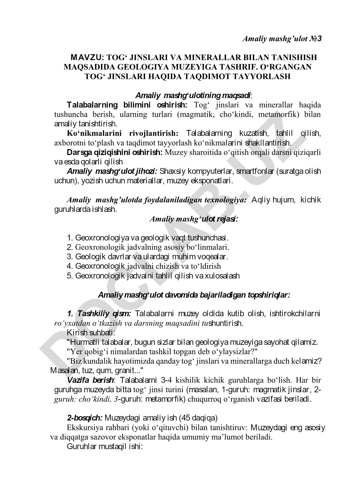 Tog' jinslari va minerallar bilan tanishish maqsadida geologiya muzeyiga tashrif