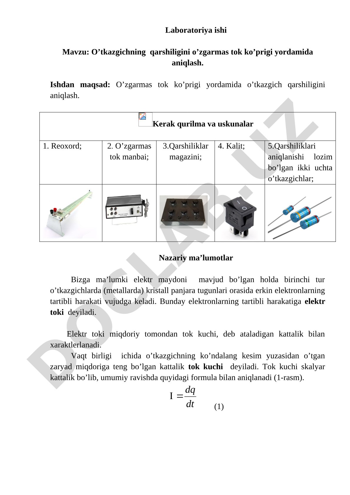 O’tkazgichning qarshiligini o’zgarmas tok ko’prigi yordamida aniqlash