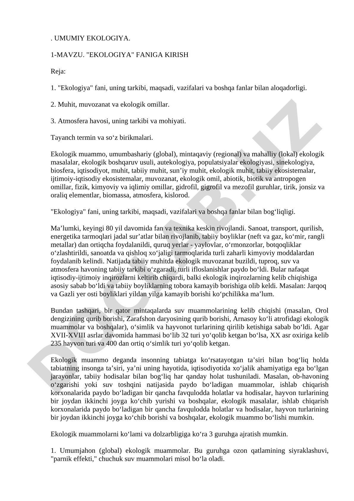 Ekologiya" fani, uning tarkibi, maqsadi, vazifalari va boshqa fanlar bilan aloqadorligi