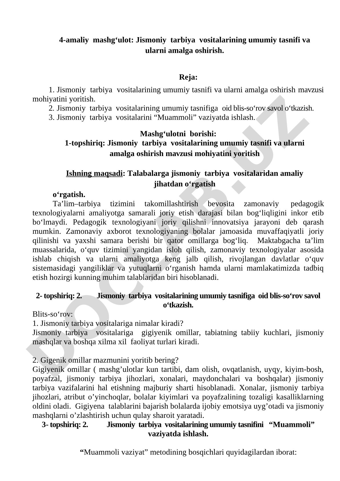Jismoniy tarbiya vositalarining umumiy tasnifi va ularni amalga oshirish