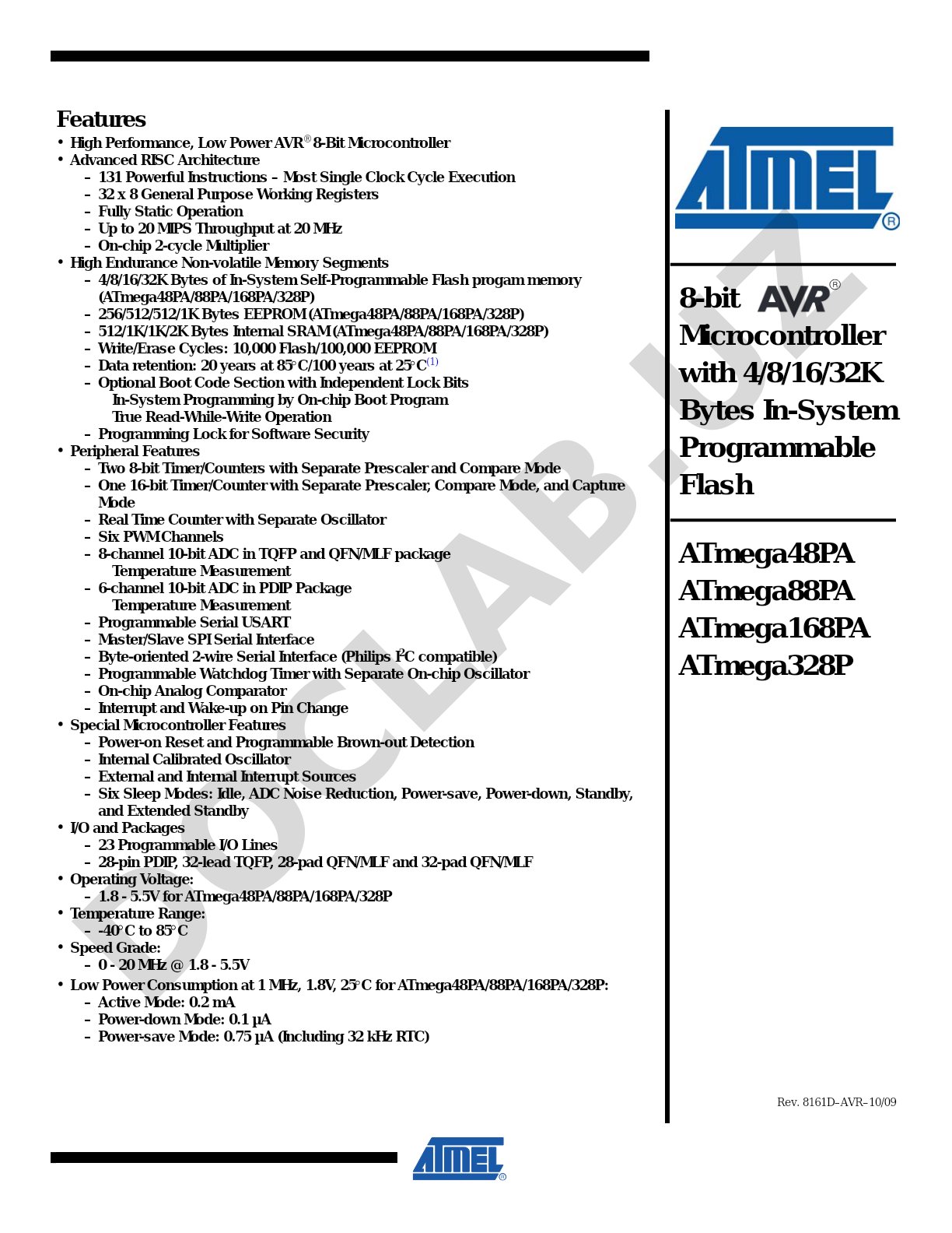 8-bit Microcontroller with 4/8/16/32K Bytes In-System Programmable Flash ATmega48PA/88PA/168PA/328P