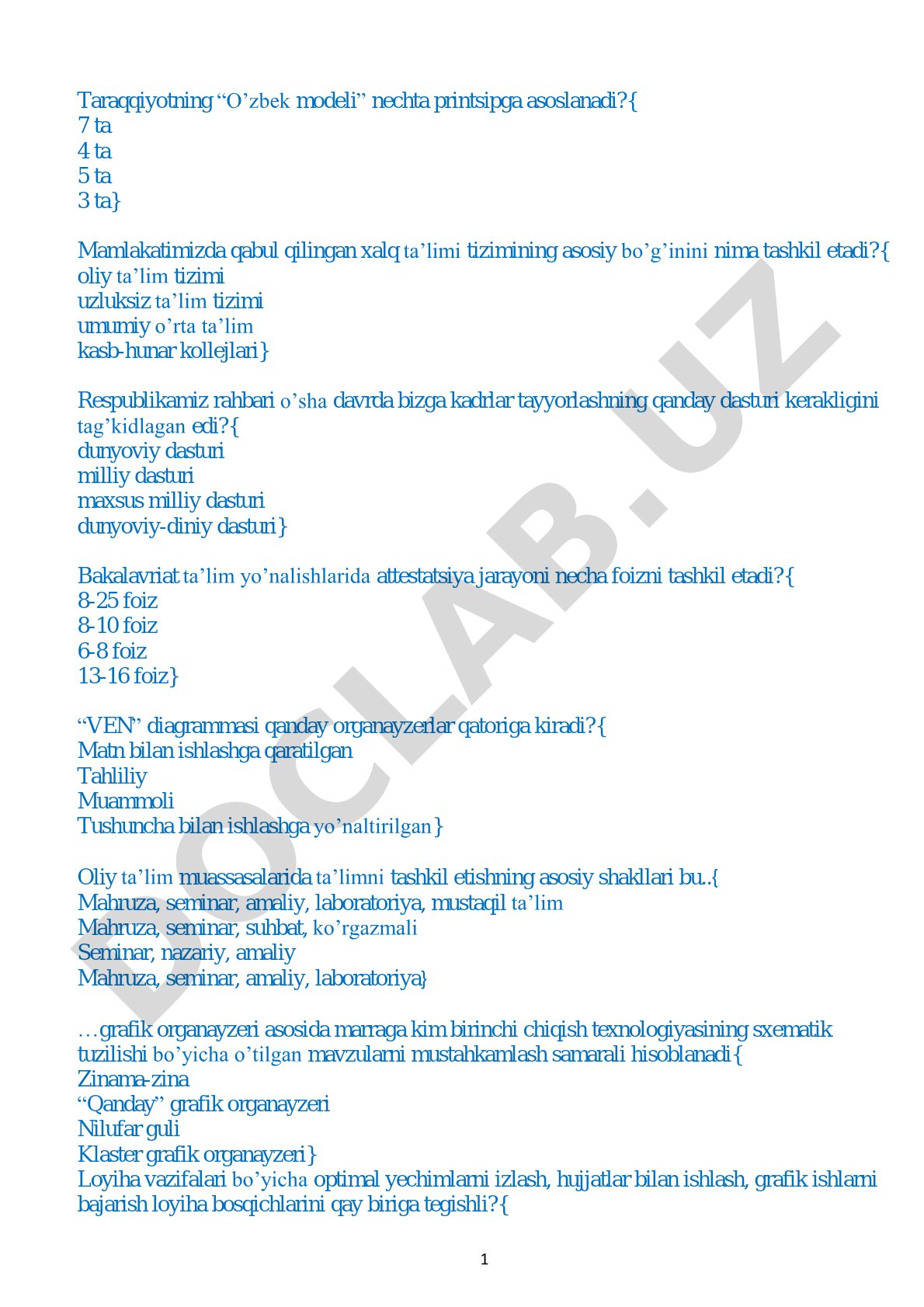 O'zbekiston ta'lim tizimi bo'yicha test savollari