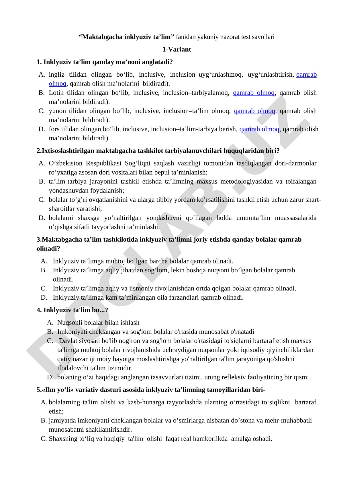 Maktabgacha inklyuziv ta’lim fanidan yakuniy nazorat test savollari