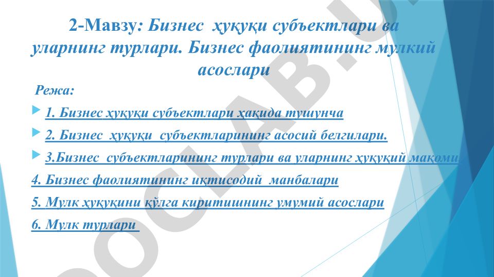 Бизнес ҳуқуқи субъектлари ва уларнинг турлари. Бизнес фаолиятининг мулкий асослари