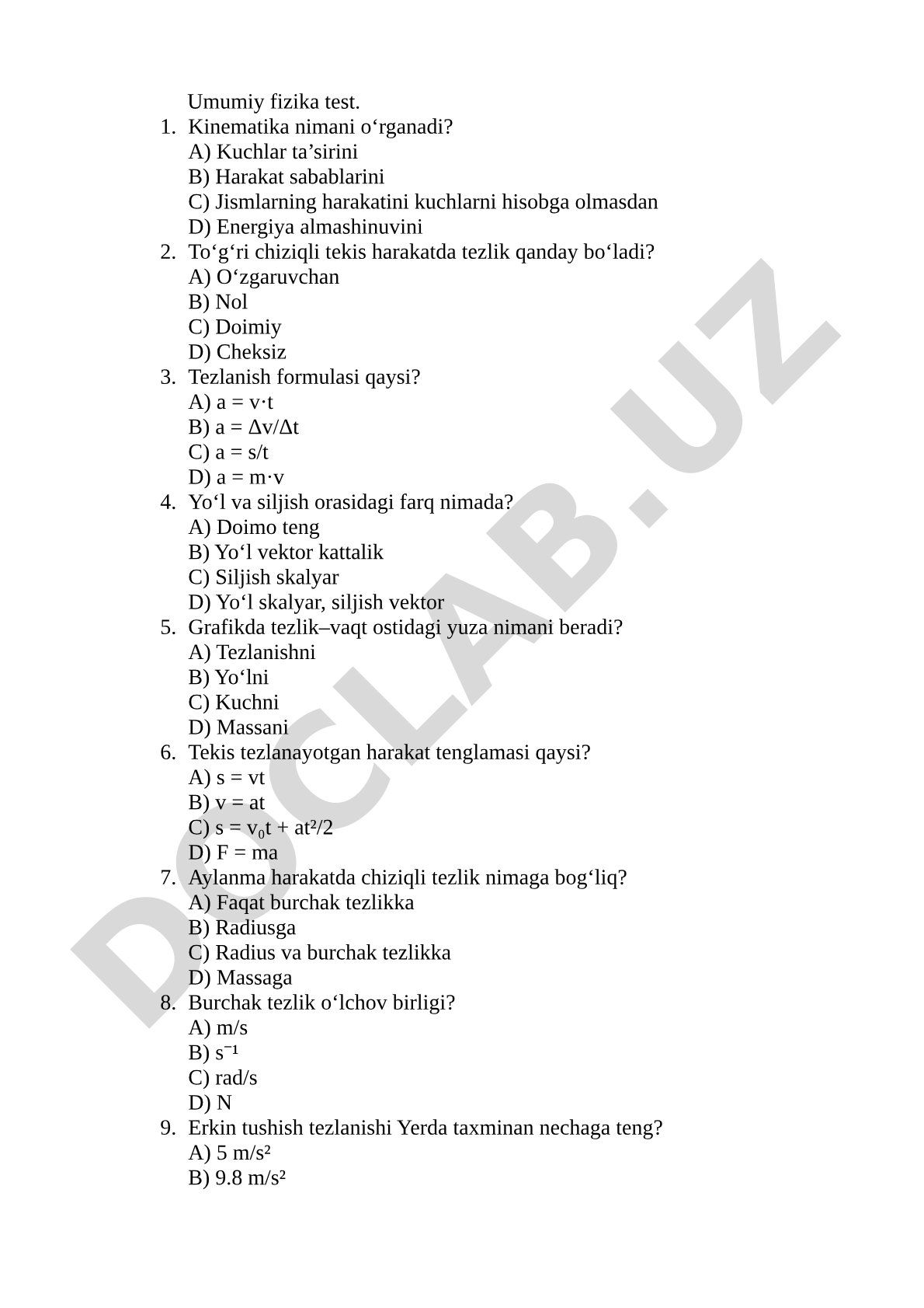 Umumiy fizika test savollari