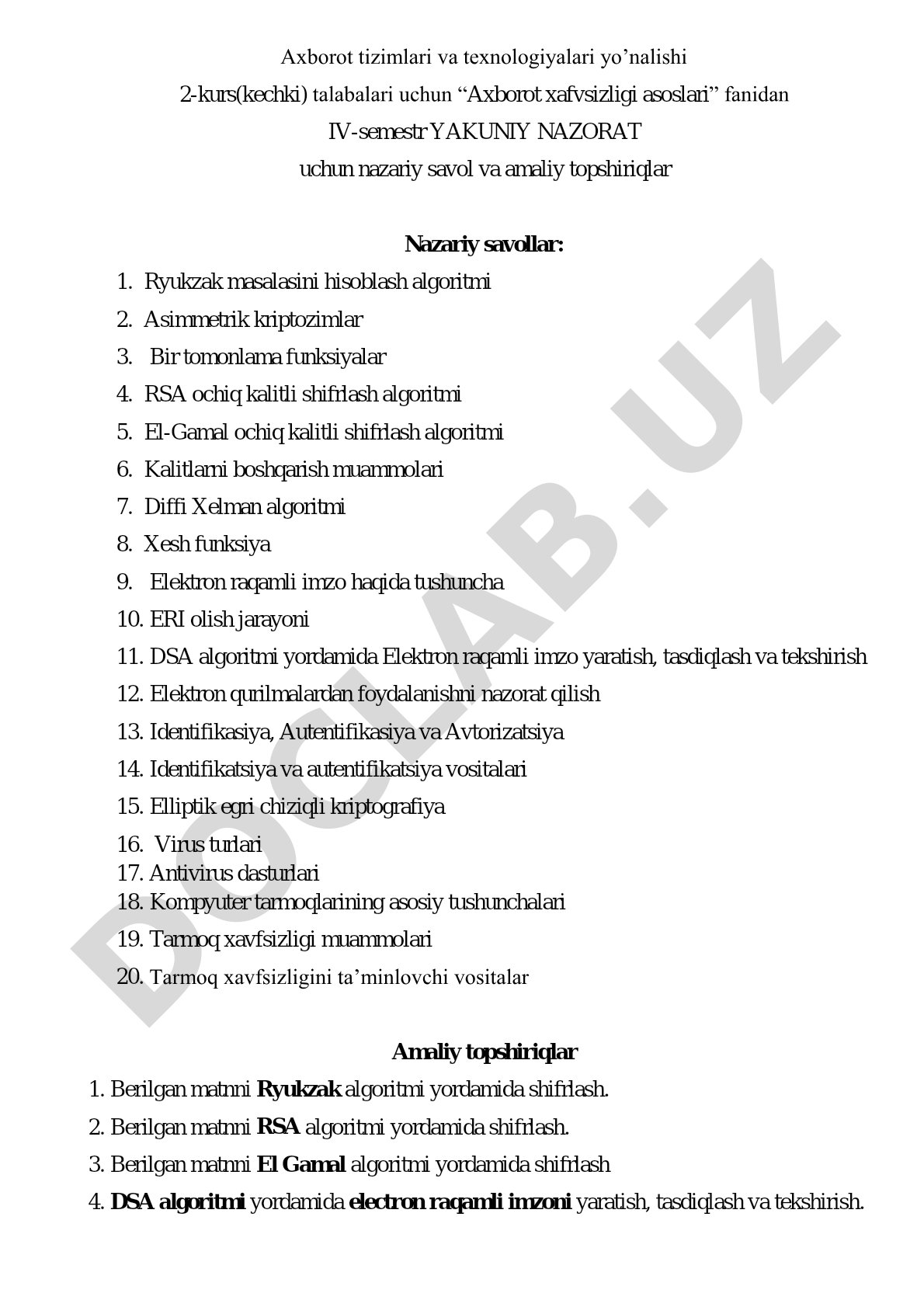 Axborot xavfsizligi asoslari fanidan yakuniy nazorat savollari va topshiriqlari