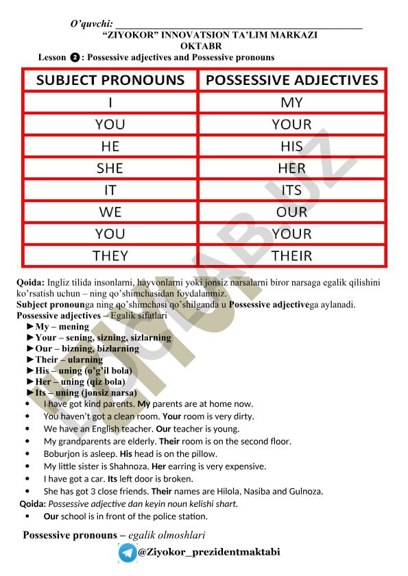 Possessive adjectives va Possessive pronouns