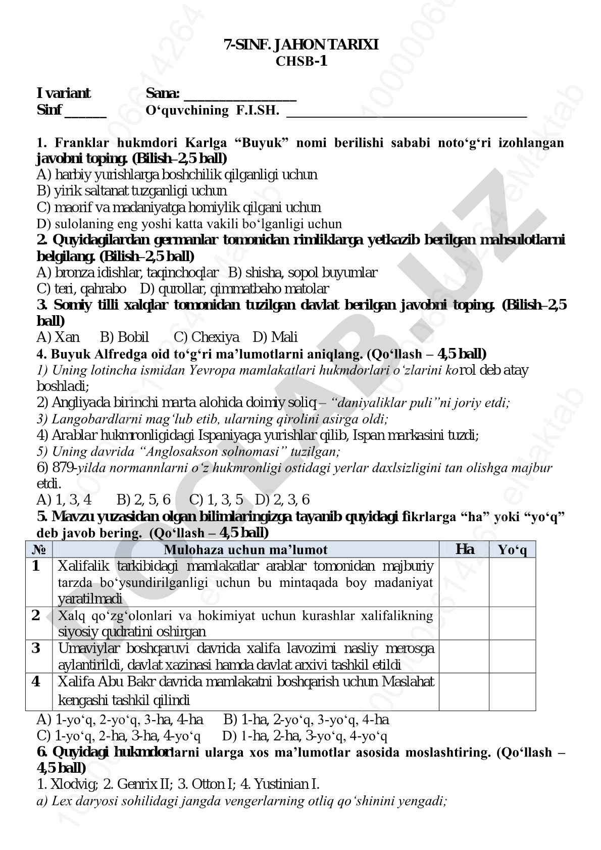 7-sinf jahon tarixidan CHSB-1 I variant test savollari