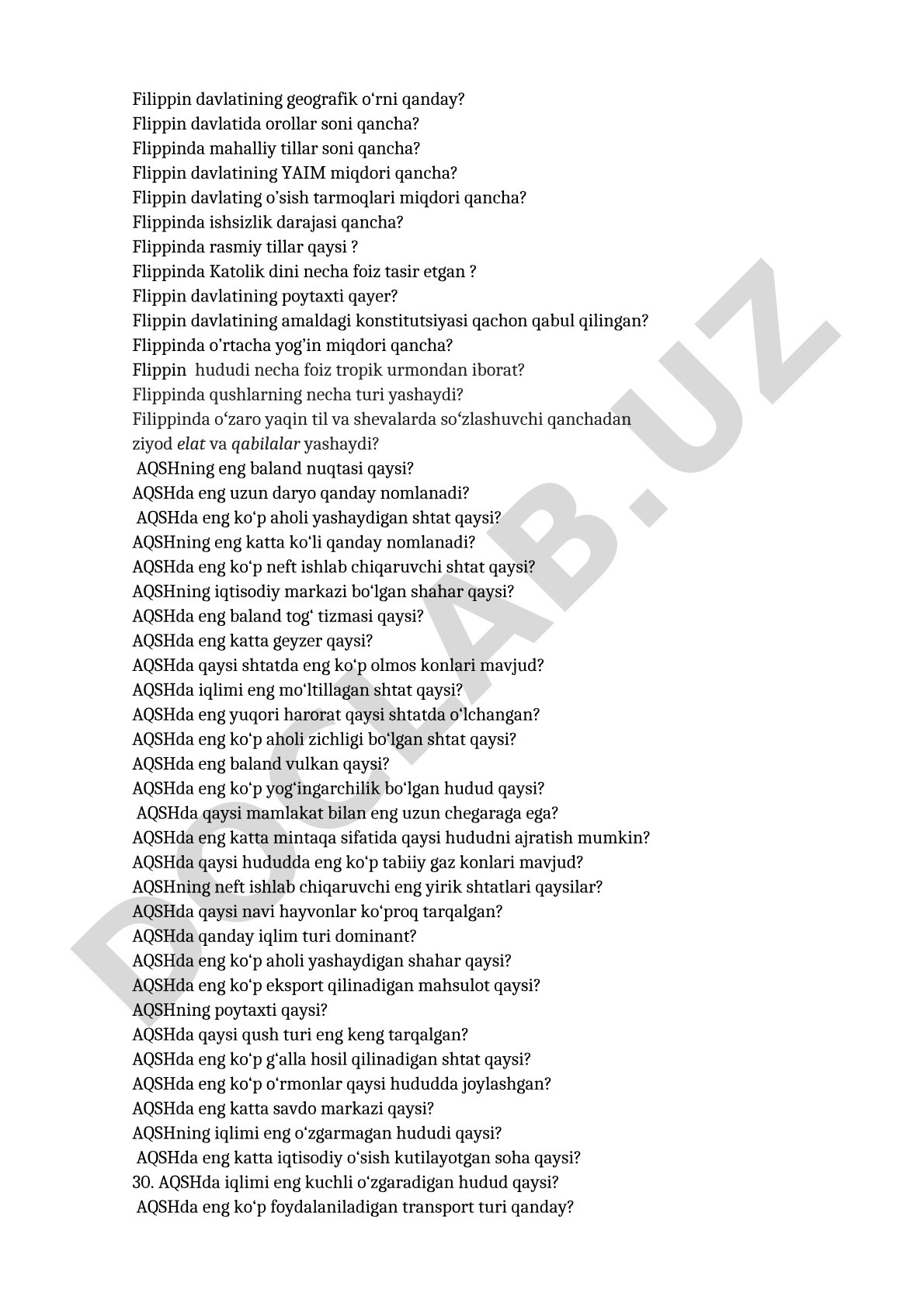 Filippin va AQSH geografiyasi va iqtisodiyoti bo'yicha savollar