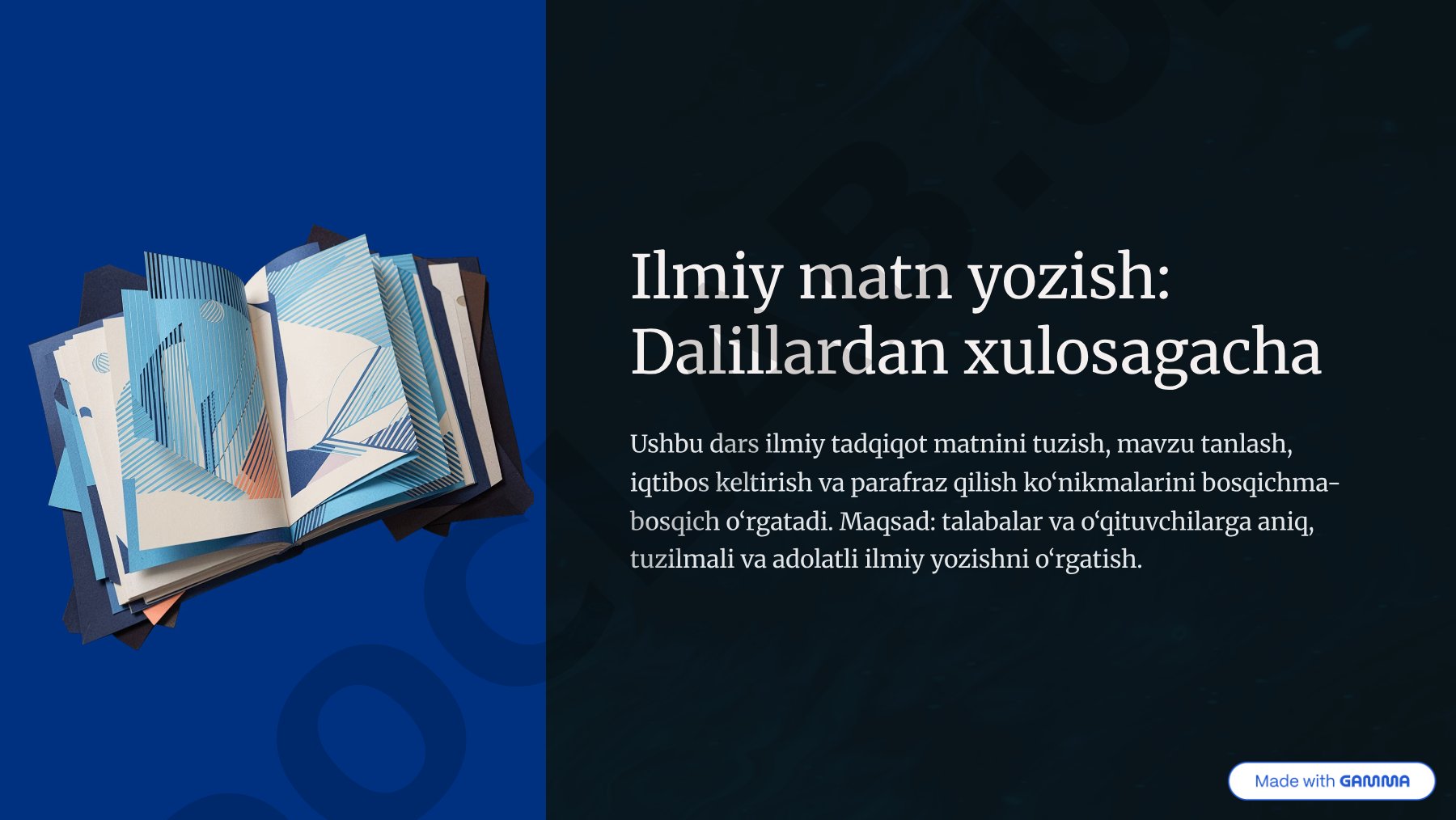 Ish oqimini tashkil etish, mavzu tanlash va o'rganish bosqichlari bayon etilgan