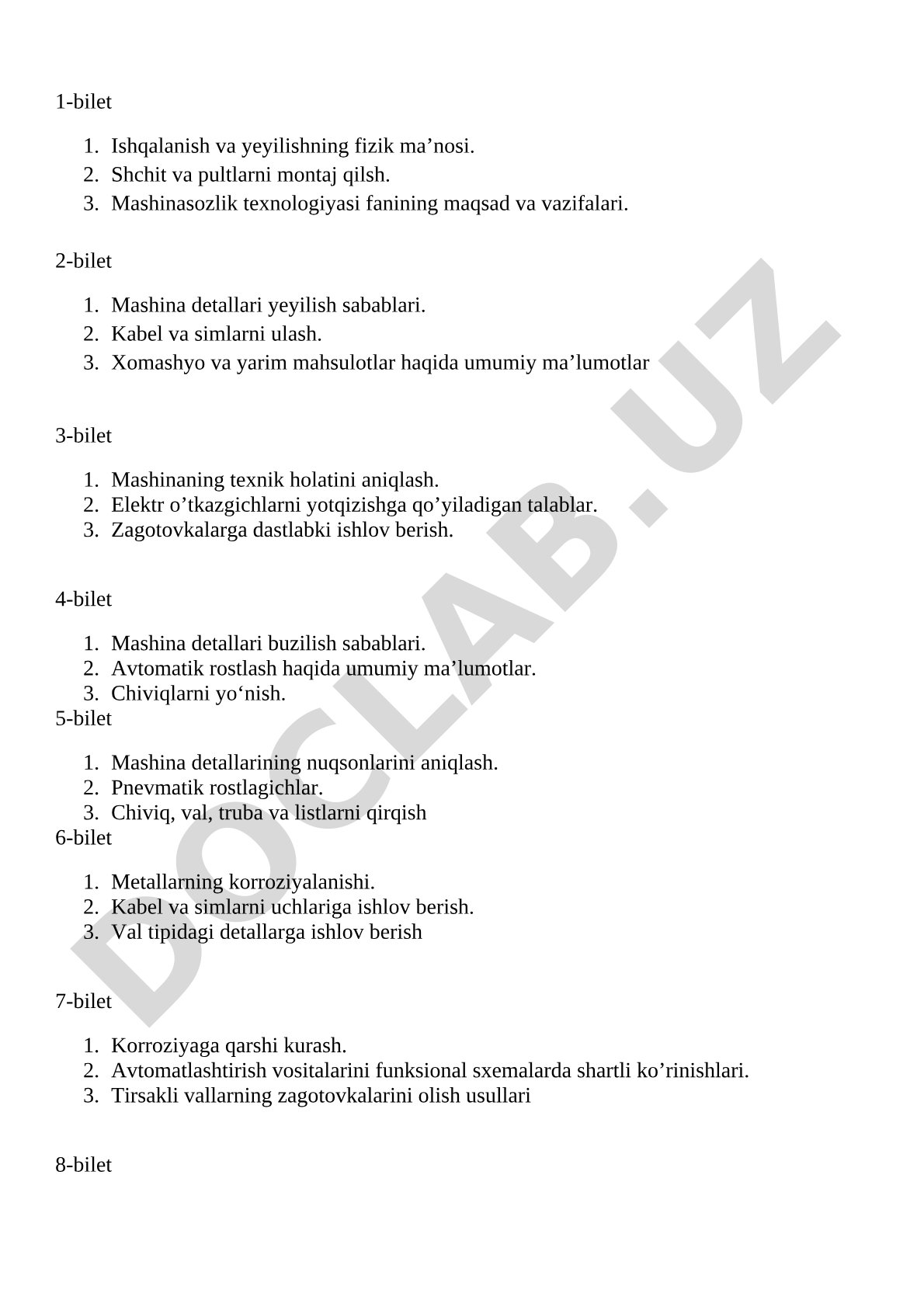 Mashinasozlik texnologiyasi fanidan imtihon biletlari