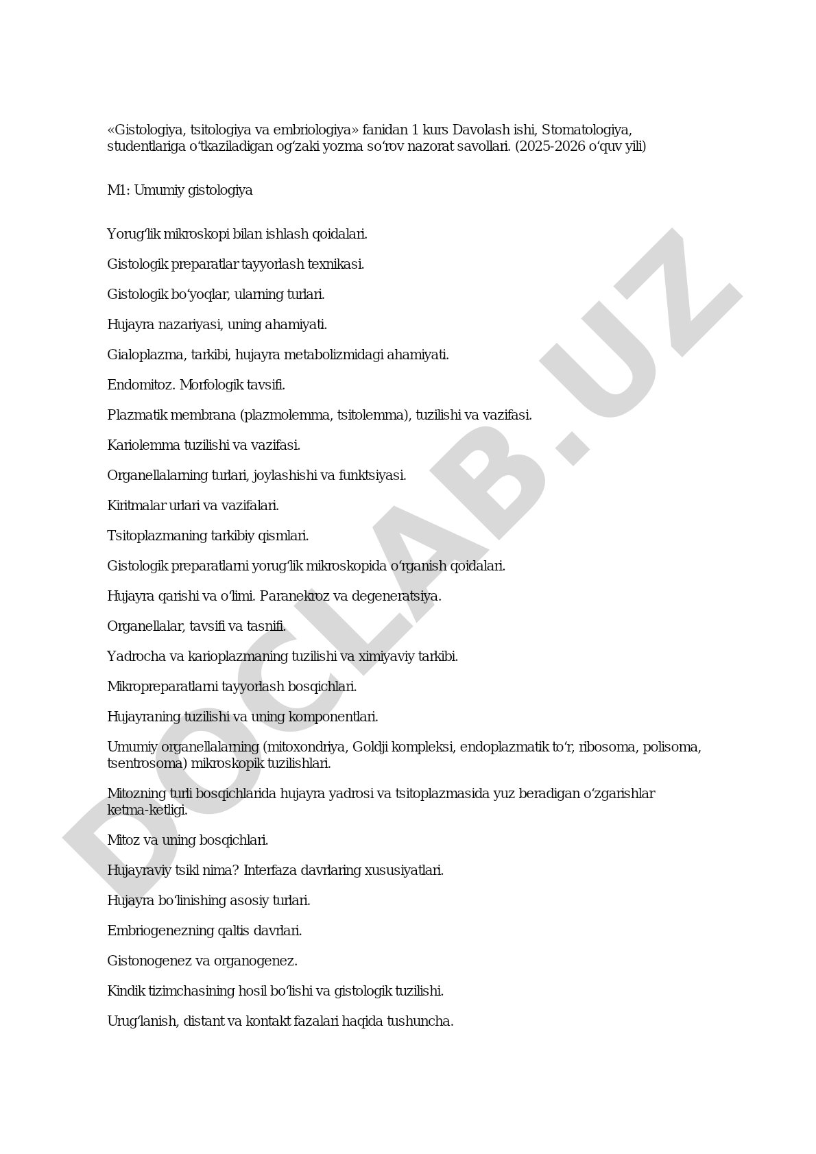 Gistologiya, tsitologiya va embriologiya fanidan og'zaki yozma so'rov nazorat savollari