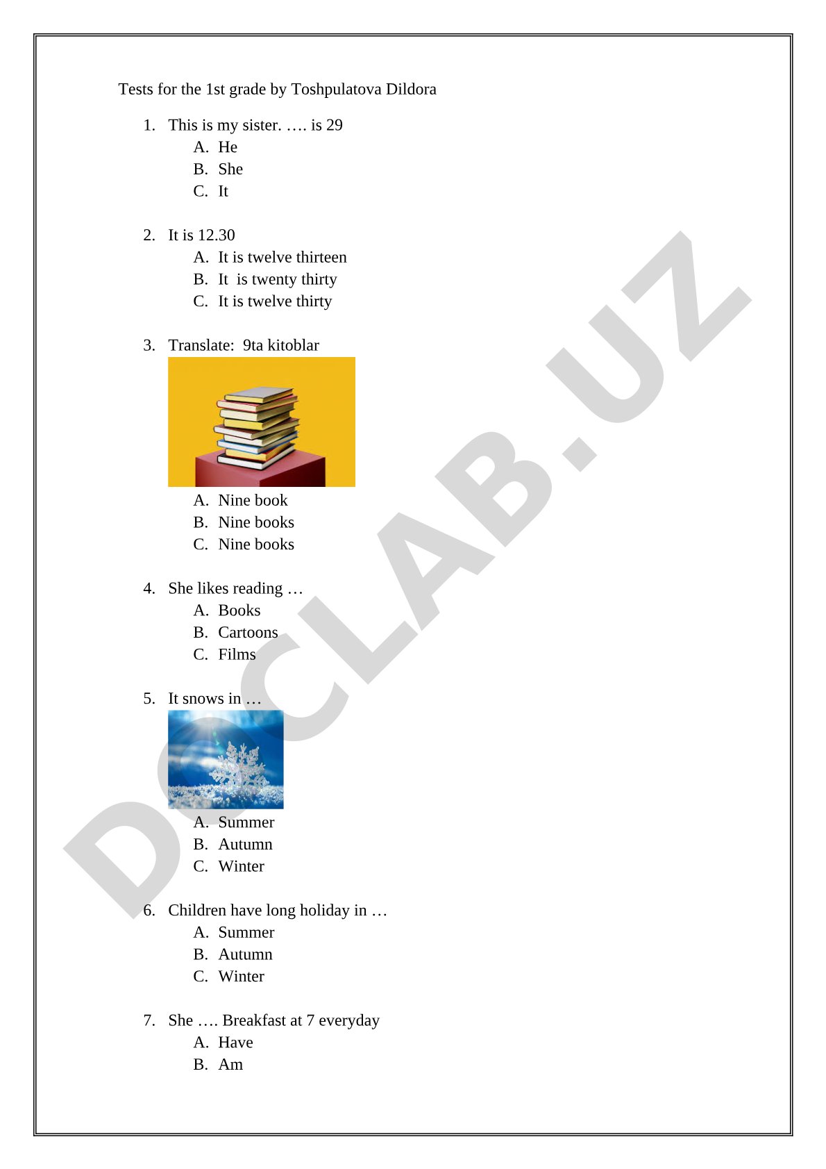 1st Grade English Language Test
