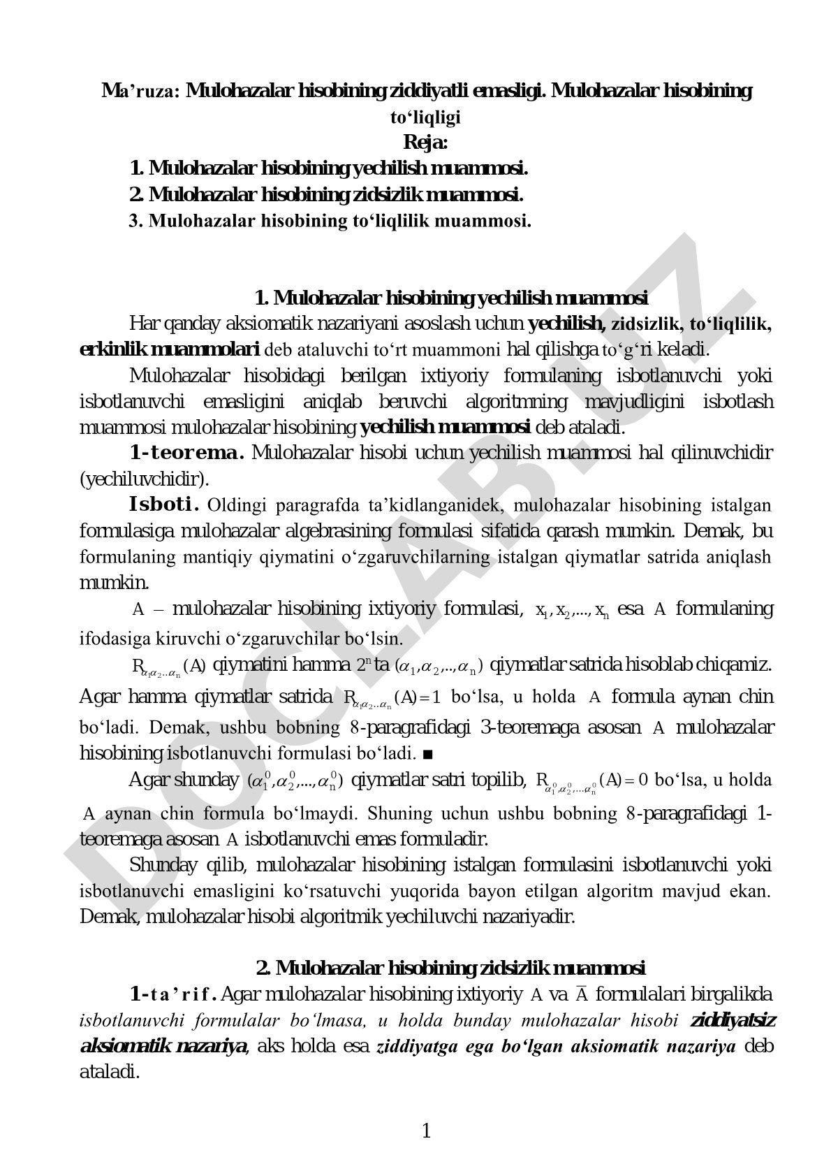 Mulohazalar hisobining ziddiyatli emasligi va to‘liqligi