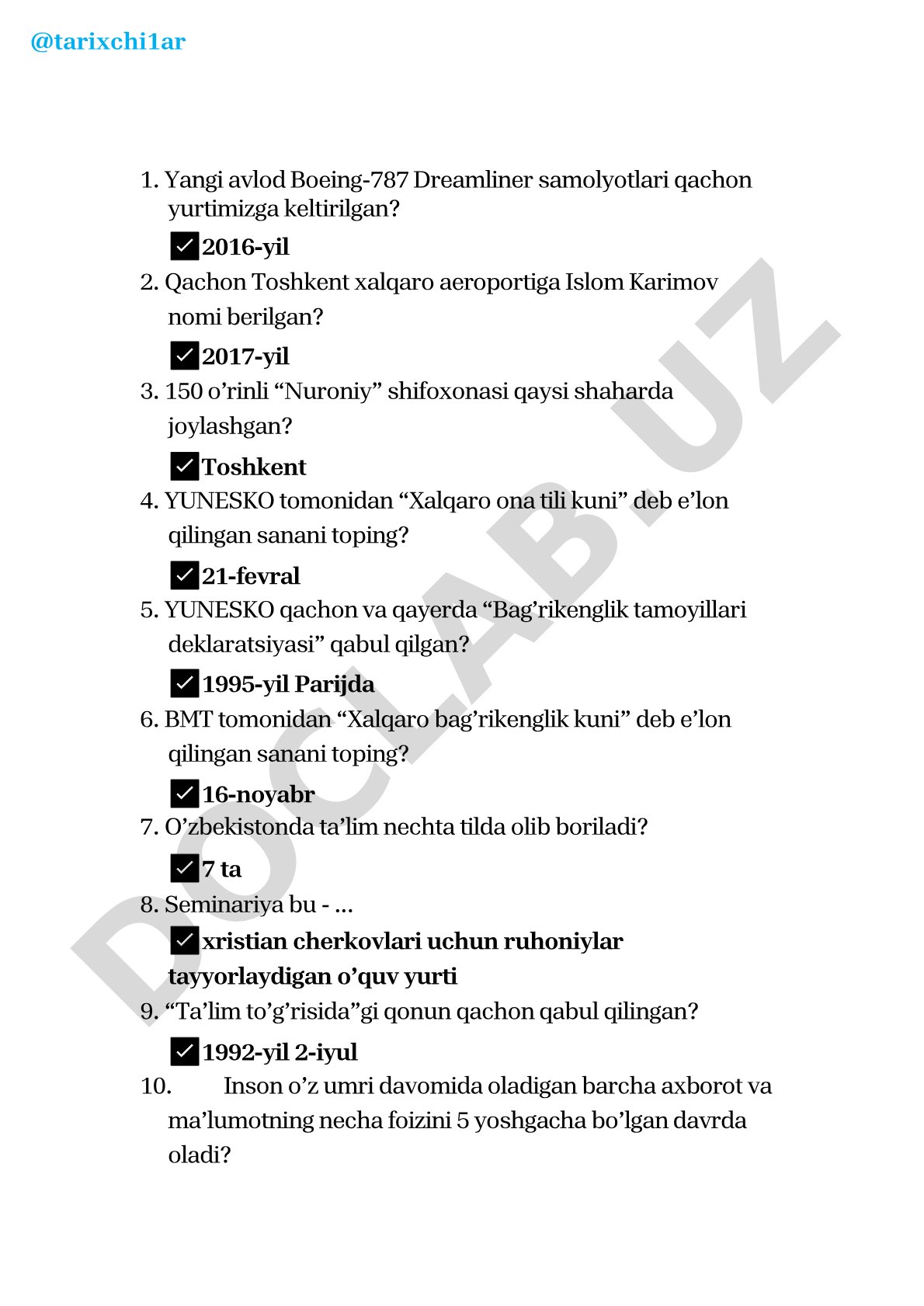 O'zbekiston tarixi va ta'lim bo'yicha test savollari