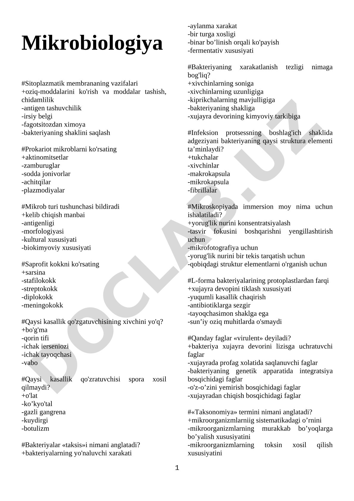 Mikrobiologiya test savollari