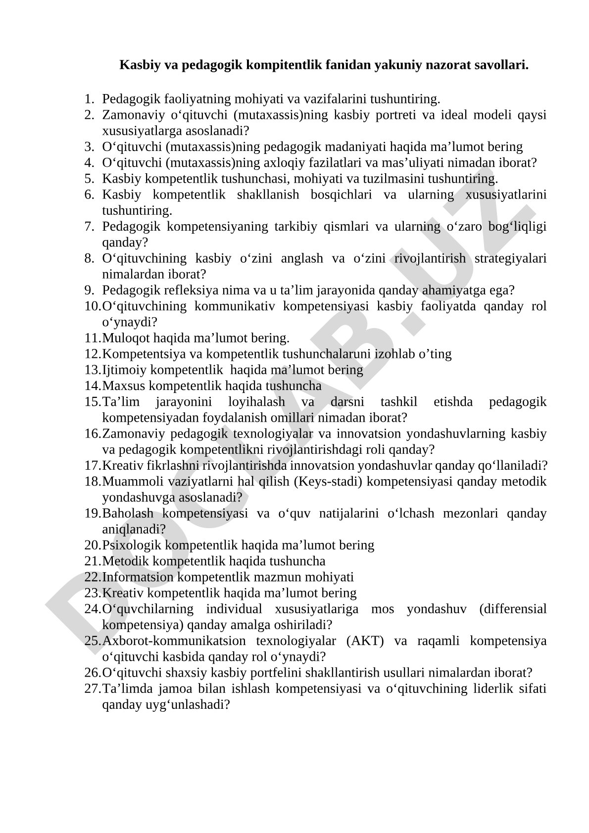 Kasbiy va pedagogik kompitentlik fanidan yakuniy nazorat savollari