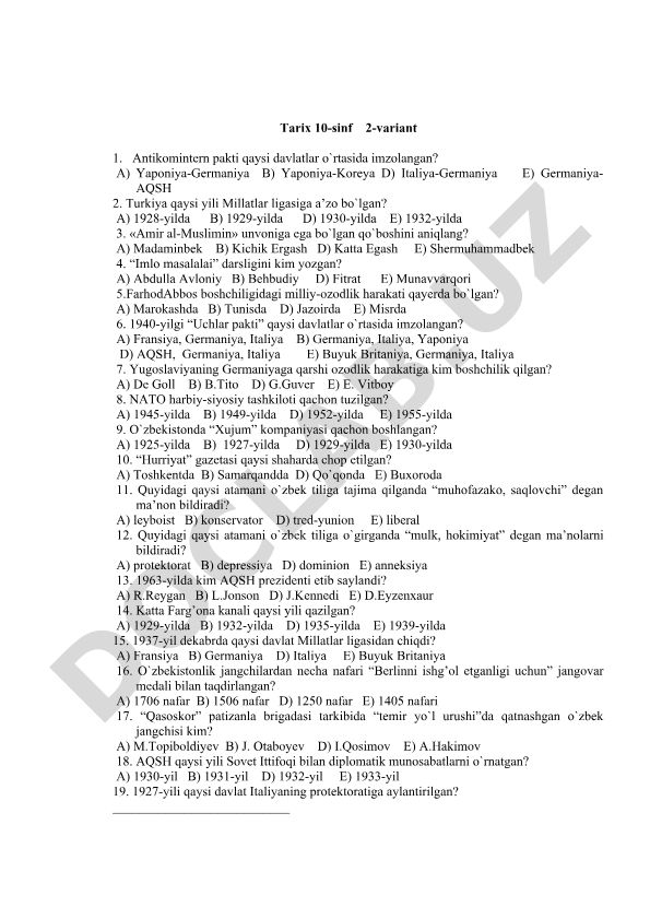 Tarix 10-sinf 2-variant test savollari