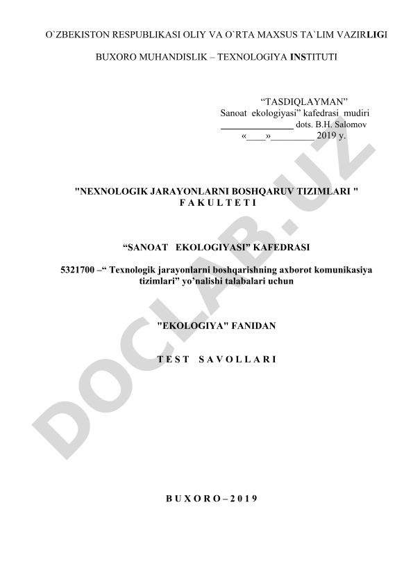 Ekologiya fanidan test savollari