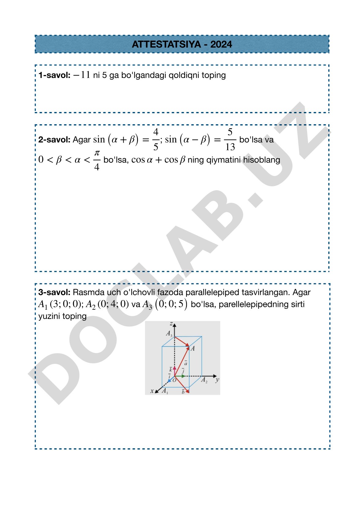 Matematika attestatsiya 2024 savollari
