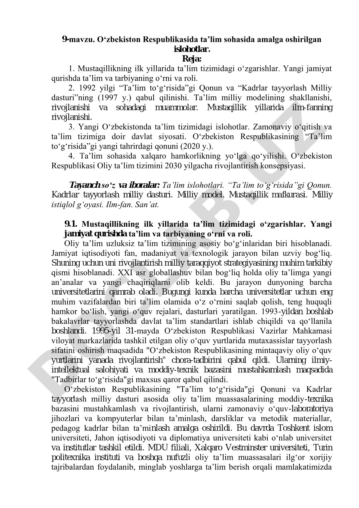 O‘zbekiston Respublikasida ta’lim sohasida amalga oshirilgan islohotlar